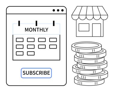 E- ticaret, tasarruf ve çevrimiçi servis modellerini vurgulayan abonelik düğmesi, depolama simgesi ve para destesi içeren aylık abonelik takvimi. İş, ödeme, ekonomi ve hizmet planlaması için ideal