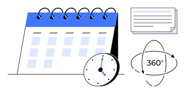 Spiral takvim, mavi elli saat, çizgili notlar ve döndürme oku. Program, organizasyon, verimlilik, teslim tarihleri, atamalar proje yönetimi ve planlama kavramları için idealdir. Temiz