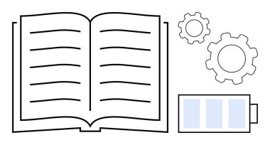 İki vites ve bir pil ikonu yanında açık bir kitap. Bilgiyi, yeniliği, enerjiyi ve ilerlemeyi simgeliyor. Eğitim, üretkenlik, yaratıcılık, takım çalışması teknolojisi eğitimi ve basit bir eğitim için ideal