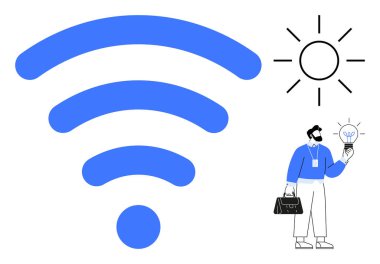 Mavi kablosuz ikon, güneş enerjiyi sembolize ediyor, iş adamı elinde ampul tutuyor, fikirleri iletiyor. Teknoloji, iletişim, yenilik, uzak çalışma, yenilenebilir enerji yaratıcılık ağı için idealdir. A
