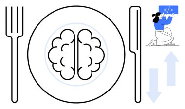 Beyni kadının kalbi durmuş ve okları büyüdüğünü gösteriyor. Eğitim, bilgi, yenilik, kodlama, büyüme zihniyeti, kişisel gelişim, basit iniş sayfası için ideal