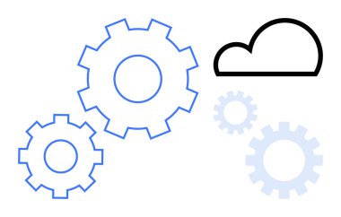 Mavi dişliler bulut anahatlarının yakınında etkileşime girerek bulut hesaplamasını, otomasyonu ve takım çalışmasını sembolize ediyor. Teknoloji, yenilik, işbirliği, süreç yönetimi, mühendislik bulut çözümleri için ideal