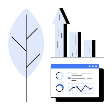 Yukarı doğru çizelge ve analitik gösterge panelinin yanında büyüme, veri ve sürdürülebilirliği temsil eden yaprak. Eko-ticaret, strateji, veri görselleştirme, ilerleme, doğa ve analiz için idealdir. Mükemmel.