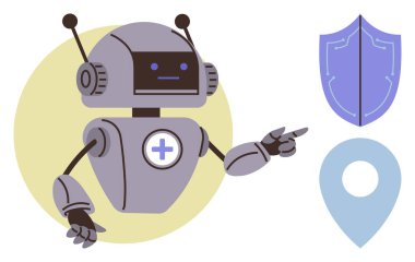 Göğsünde tıbbi bir haç olan robot bir kalkan ve harita işaretine bakıyor. Korunma ve navigasyonu temsil ediyor. Teknoloji, sağlık, güvenlik, siber güvenlik, robot bilimi ve yenilik için ideal