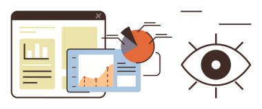 Grafikler, pasta grafiği, gösterge paneli penceresi ve göz sembolü veri analizi, içgörü ve görüşü ifade eder. Basit düz metaforu izlemek için iş, analitik ve araştırma stratejisi için ideal