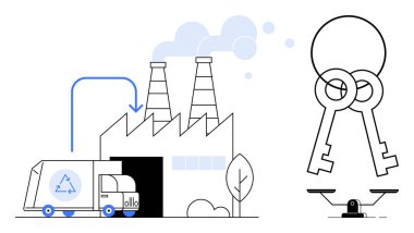 Fabrikada geri dönüşüm kamyonu boşaltılıyor, bacalar, bağlı anahtarlar, dengeli ölçekte. Sürdürülebilirlik, geri dönüşüm, eko-endüstri, güvenlik dengesi eşitliği sorumluluğu için idealdir. Basit düz