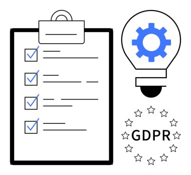 Uyum kontrol listesi, ampuldeki çark, yıldızlı GDPR metni. Veri güvenliği için ideal, yasal uyum, gizlilik düzenlemesi, yönetim, politika teknolojisi basitleştirilmiş süreç. Düz metafor