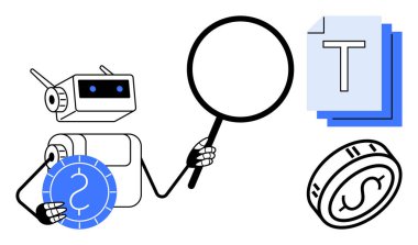 Robot, elinde bozuk para olan, büyüteçle metin ve belgeleri inceliyor. Yapay zeka, otomasyon, fintech, veri analizi, araştırma, yenilik, dijital araçlar için ideal basit iniş sayfası