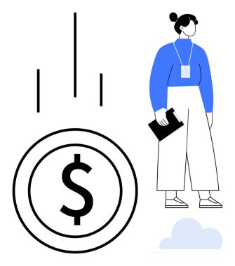 Resmi kıyafetli bir kadın, elinde bir klasör, büyük bir dolar işareti ve yukarı doğru barların yanında duruyor. İş, finans, yatırım, başarı, strateji, büyüme ve kariyer için ideal. Basit düz metafor