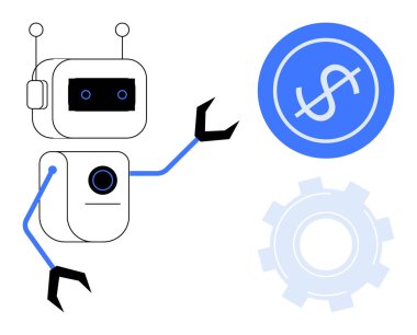 Otomatik sistemleri temsil eden, dolar simgesi ve teçhizatına doğru hareket eden mekanik kollu robot. Finans, teknoloji, yenilik, yapay zeka, robot bilimi ve verimlilik için ideal. Basit düz metafor