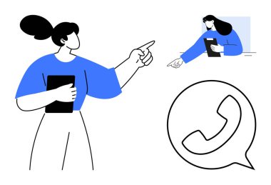 Kadın elinde kendinden emin bir şekilde bir tablet tutuyor. Telefon baloncuğu iletişimi gösteriyor. Takım çalışması, kurumsal iletişim, rehberlik, yardım hattı hizmetleri, müşteri desteği, sunumlar için ideal