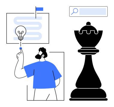 Akış şeması, arama çubuğu ve satranç taşının yanındaki parlayan ampulü gösteren adam. Strateji, yenilik, liderlik, planlama, işletme, fikir geliştirme için ideal basit bir iniş sayfası