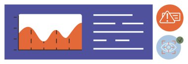 Değişken verili grafik, tanımlayıcı metin, ünlem işaretli uyarı simgesi, işaretli göz doğrulama simgesi. Analiz, güvenlik, alarm sistemleri, veri izleme ve uyum için ideal