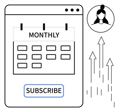 Aylık olarak bir web sayfasında abonelik düğmesi, kullanıcı profili simgesi ve büyümeyi gösteren oklarla etiketlenmiş takvim. Üyelik planları, zamanlaması, kullanıcı katılımı, dijital büyüme, pazarlama için ideal