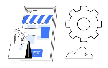 Akıllı telefondan dijital mağaza önü, alışveriş torbalarıyla birlikte sistem optimizasyonu için vites. Çevrimiçi alışveriş, e-ticaret, perakende, otomasyon, teknoloji ve iş büyümesi için ideal