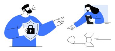 Kalkanlı ve kilit sembollü bir adam, elinde bir pano tutan bir kadın ve hareket eden bir roket. Güvenlik, liderlik, teknoloji planlaması, yenilik, strateji, iletişim için ideal