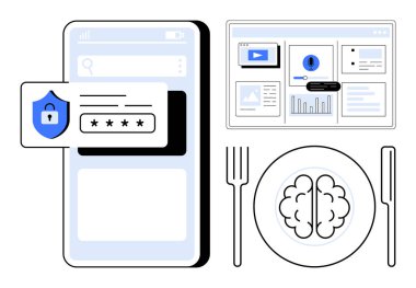 Şifre korumalı akıllı telefon girişi, analitik gösterge paneli ve beyin ve çatal bıçaklı tabak. Siber güvenlik, veri koruması, analitik, odaklanma, yapay zeka, teknoloji için ideal basit düz metafor