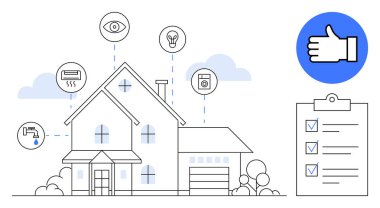 Güvenlik kamerası, termostat, su kontrolü, aydınlatma, akıllı aletler, kontrol listesi ve onay ikonu gibi özelliklere sahip bir ev. Teknoloji ve sürdürülebilirlik enerji yönetimi için ideal