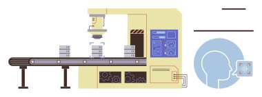 Otomatik sistem tarama aletleri, yapay zeka arayüzü yüz tanıma sistemi olan fabrika taşıyıcısı. Üretim, teknoloji, otomasyon, yapay zeka, yenilik, kalite kontrolü, modern sanayi için ideal