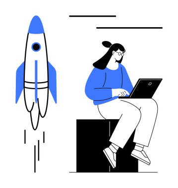 Dizüstü bilgisayarlı bir kadın, ilerleme, yenilik, yaratıcılık ve büyüme metaforu olarak roket fırlatma. Başlangıç fikirleri, girişimcilik, teknoloji, verimlilik eğitimi için idealdir.