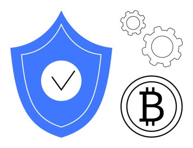 İşaretli mavi kalkan, Bitcoin madeni para ve vites simgeleri. Güvenlik, kripto para birimi, engelleme zinciri, finans, teknoloji, fintech data koruması için ideal basit iniş sayfası