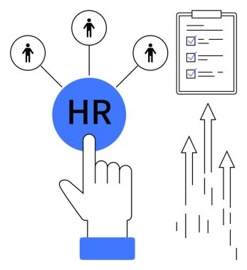 İnsan Kaynakları düğmesine bağlı çalışan simgeleri, kontrol listesi, yukarı bakan oklar. İşe alım için ideal, İK araçları, işe alım, personel alma, insan kaynakları, kariyer büyümesi basit düz metafor