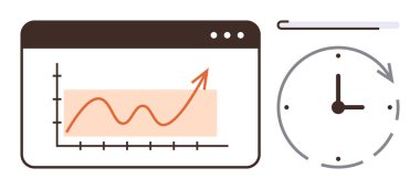 Bir web arayüzü içinde, ilerleyişi simgeleyen okları olan saatin yanındaki grafikte yükselen eğilim çizgisi. Analiz, büyüme, zaman izleme, proje planlama, verimlilik, son teslim tarihleri için ideal