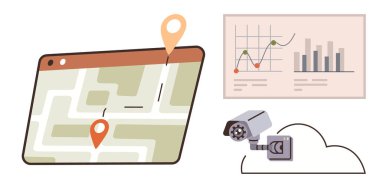 Konum iğneli dijital harita, grafikli veri analiz paneli ve bulut bağlantılı güvenlik kamerası. Navigasyon, veri temsili, izleme, teknoloji, güvenlik ve analitik için ideal