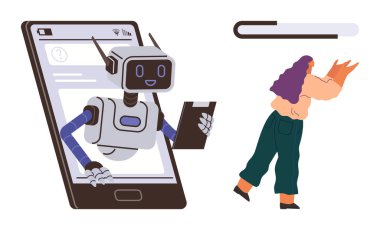 Akıllı telefon panosundan çıkan robot, insanların büyük nesneleri taşımasına yardım ediyor. Teknoloji, yapay zeka, verimlilik, destek, otomasyon, yenilik ve rehberlik için ideal. Basit düz metafor