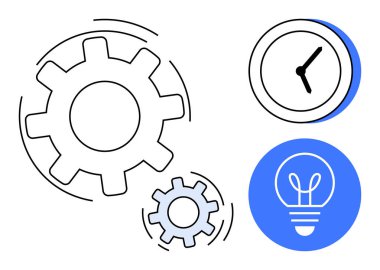 Birbirine bağlı dişliler, analog saat, ve takım çalışması için parlayan ampul, verimlilik, zaman izleme, yenilik, yaratıcılık, problem çözme ve basit bir iniş sayfası için ideal