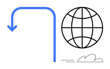 Aşağı doğru mavi ok, siyah küre şebekesi ve bulut ana hatları küresel bağlantı, trendler ve navigasyon kavramlarını çağrıştırıyor. İş, seyahat, teknoloji, çevre küreselleşmesi için idealdir