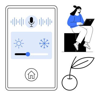 Güneş, kar tanesi, ev ve mikrofon ikonları ile sıcaklık kontrolü için mobil arayüz. Dizüstü bilgisayarlı bir kadın. Otomasyon, teknoloji, kullanıcı deneyimi, yapay zeka akıllı aygıtları kontrol etmek için ideal