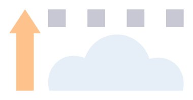 Yukarı doğru turuncu ok bulutun yanında ve kareler büyümeyi, ilerlemeyi, teknolojiyi, yeniliği, potansiyeli, gelişimi ve stratejiyi simgeler. Başarı ve iş veri bulutu hesaplama kariyeri için ideal