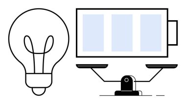 Akü ve terazinin yanındaki ampul enerji dengesini sembolize ediyor. Sürdürülebilirlik, yenilik, enerji verimliliği, teknoloji, çevre istikrarı, yenilenebilir enerji ve minimalizm için ideal