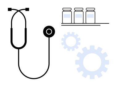 Stetoskop ve rafta üç tıbbi şişe, sağlık hizmetleri yeniliklerini, tıbbi araştırmaları, teşhisleri ve sistem verimliliğini temsil eden dişli ikonlarıyla birlikte. Sağlık, yenilik ve endüstri için ideal