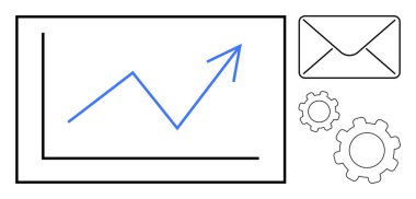 Yükselen grafikte büyüme, iletişim için zarf ve çalışma süreçlerini sembolize eden dişliler var. İş, analitik, strateji, proje yönetimi, takım çalışması ve ilerleme kavramı için ideal