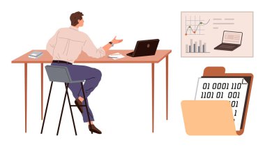 Dizüstü bilgisayarlı bir masada çalışan bir adam, ekranda çizelgeler ve ikili kodlu bir klasör. Veri analizi, kodlama, iş stratejisi, takım çalışması, bilişim eğitimi, dijital optimizasyon için ideal