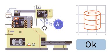 Üretim verimliliği ve kalite kontrol sistemi ile işlem görselleştirmesi için yapay zekayı entegre eden otomatik makineler. Teknoloji, endüstri, otomasyon, imalat, yapay zeka ve üretim için ideal