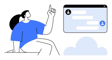 Yukarı doğru hareket eden bir kadın, profil simgeleri ve metinleri olan bir sohbet penceresi, basit bulut şekli. İletişim, işbirliği, mesajlaşma, teknoloji, öğretim araçları için ideal basit iniş sayfası