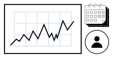 Yukarı doğru büyümeyi gösteren çizgi grafiği, zamanlamayı veya planlamayı öneren takvim ve kişiselleştirme için kullanıcı profili. İş için ideal, analitik, büyüme stratejisi, planlama, tahmin