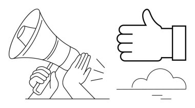 Ses dalgaları yayan bir megafon, büyük baş parmak işareti ve minimum bulut tutan bir el. Pazarlama, promosyon, geri bildirim, onay, halkla ilişkiler, iletişim ekibi çalışması için ideal