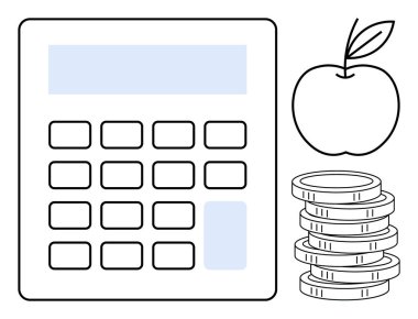 Düğmeli, bozuk paralı ve elmalı hesap makinesi. Finans, bütçe, eğitim, sağlık, beslenme tasarrufu ve yatırım kavramları için idealdir. Minimalist düz metafor
