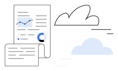 Analiz, grafik ve pasta grafikleriyle birlikte iş raporu. Veri depolama, analitik, finans, teknoloji, bulut hesaplama, araştırma sade iniş sayfası için ideal