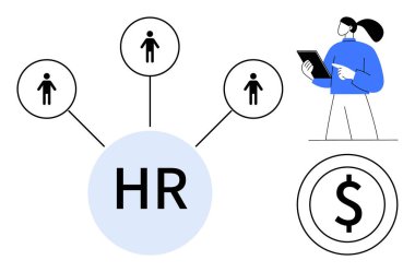 Çalışan simgelerine sahip İK ağı, tablet kullanan yönetici ve işgücü yönetimini ve finansal hizalamayı vurgulayan dolar işareti. İnsan kaynakları stratejisi, işe alım, maaş bordrosu, ekip oluşturma, çalışanlar için ideal.