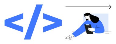 Bir programcıyla kodlama parantezleri elinde tablet tutup ileriye bakıyor. Teknoloji, programlama, kodlama, web geliştirme, dijital dönüşüm, takım çalışması, basit iniş sayfası için ideal