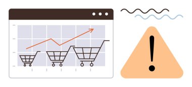 Uyarı üçgeni ve alarm çizgilerinin yanında yükselen trend çizgisi olan bir grafikte alışveriş arabaları. E-ticaret, çevrimiçi satış, büyüme analizleri, pazar eğilimleri, risk yönetimi, dijital pazarlama için ideal
