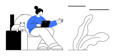 Tabletle sandalyede oturan bir kadın, odaklanma anında el kol hareketi yaparak yakınlarda bir kedi gözlemliyor. Uzaktan çalışma, üretkenlik, sessiz anlar, yaratıcılık, evcil hayvanlar, ev hayatı, basit düz yaşam için ideal