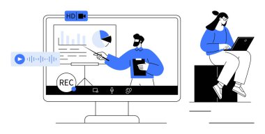 Hoparlörle yapılan dijital toplantı ekrandaki çizelgeleri açıklıyor, araçları kaydediyor ve katılımcı dizüstü bilgisayardan notlar alıyor. Eğitim, uzaktan çalışma, takım çalışması, üretkenlik, teknoloji ve iletişim için ideal