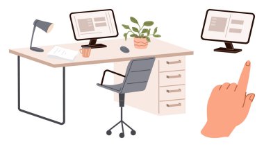 Sandalye, bilgisayar, lamba, bitki, kahve fincanı ve ekranı gösteren bir el. Evden çalışma, teknoloji, üretkenlik organizasyonu için ideal dijital görevler iletişimi basit düzleştirir