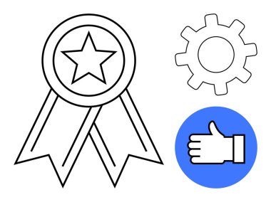 Yıldız kurdelesi, dişli ve baş parmak ikonu. Başarı, başarı, süreç, onay, kalite, takım çalışması performans tanıma ve basit iniş sayfası için ideal